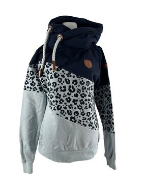 Wanakome hoodie leopard navy Soft knit fabric contrasting draw cord sz sm